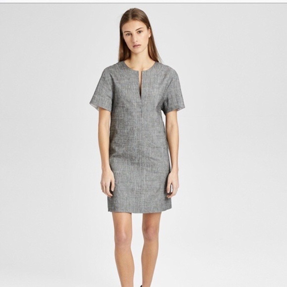 Theory Grey Linen Blend Short Sleeve Split Neck Shift Dress Size S